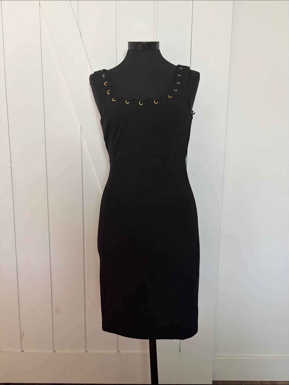 Michael Kors Black Midi Dress with Gold Grommet Trim